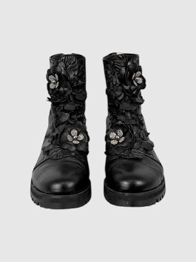 Jimmy Choo Havana Black Leather Floral Appliqué Combat Boot